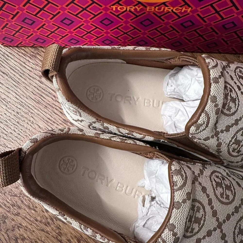 NWT！NEW！Tory Burch T Monogram Slip On Sneaker Leather /Jacquard Hazel Brown US 6